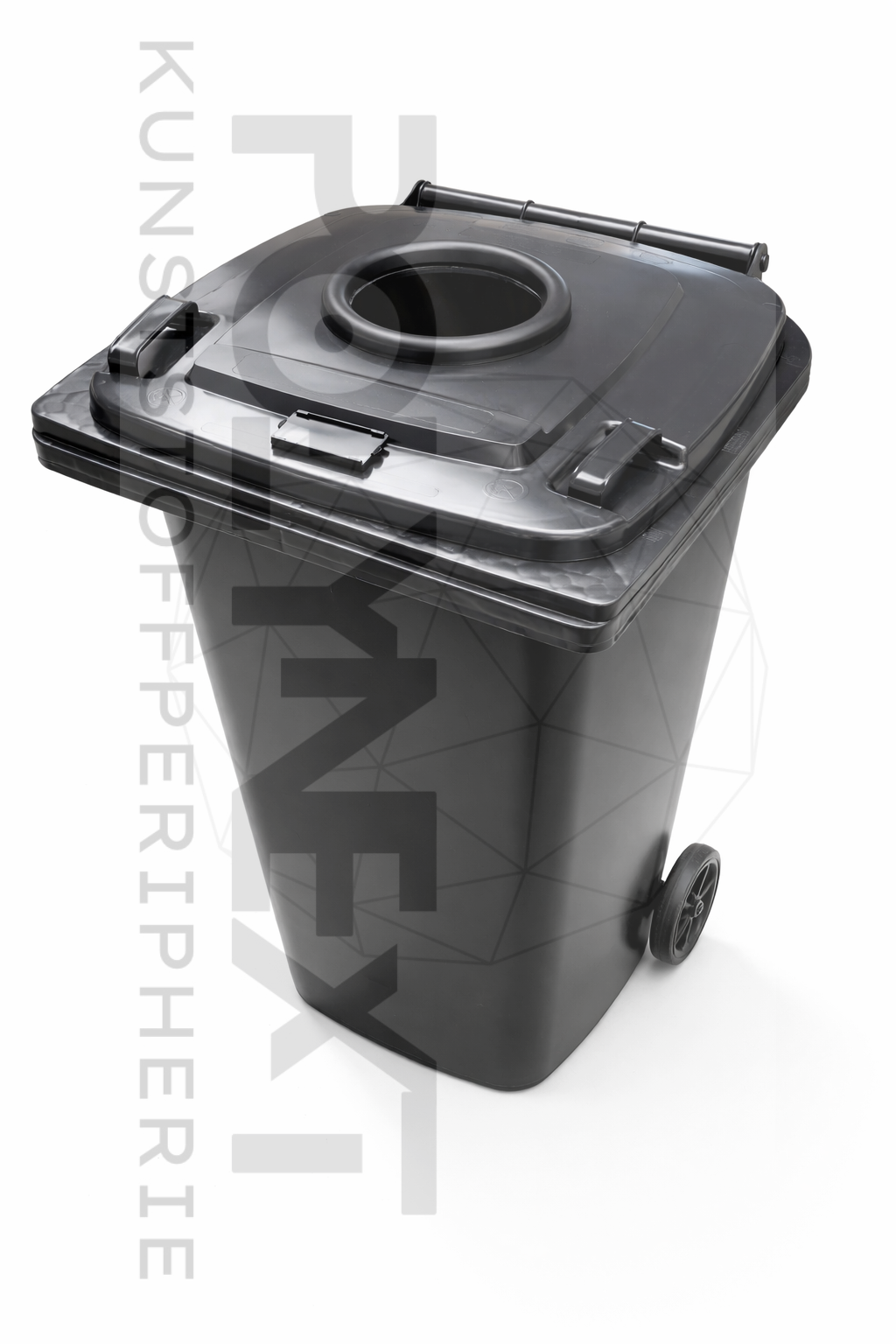 Materialbehälter aus HDPE mit Edelstahl-Absaugstutzen und Sichtfenster