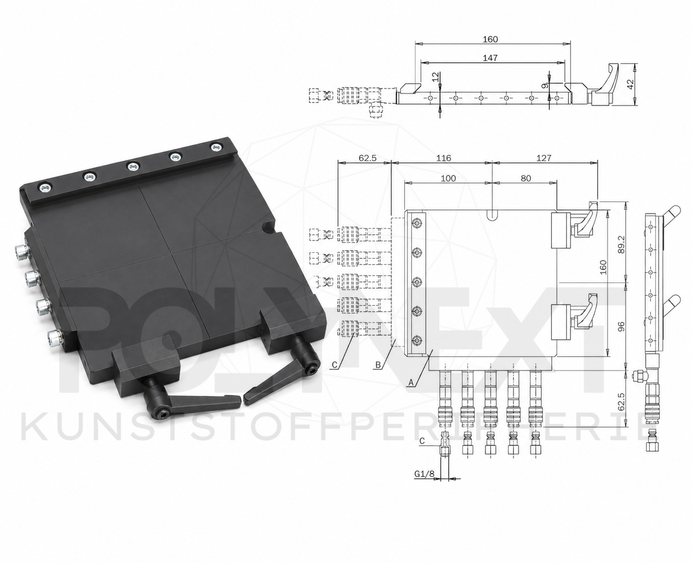 Schnellwechsler Schwalbenschwanz Roboterseite aus schwarz eloxiertem Aluminium mit präziser Schwalbenschwanzführung und Befestigungsbohrungen zur Montage an Robotern und Automatisierungssystemen 160 Detail