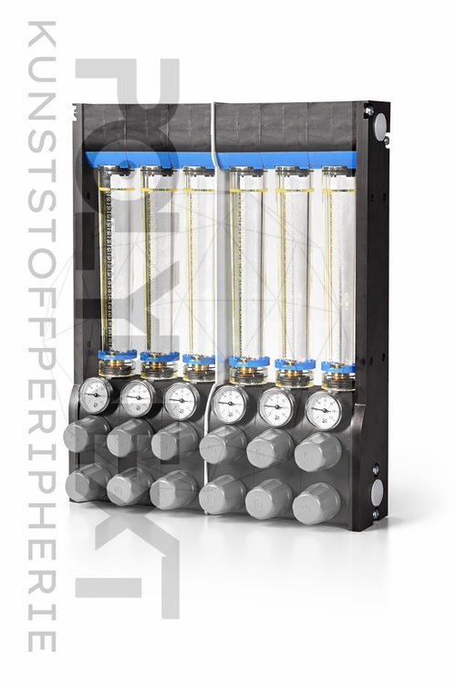 Durchflussregler - Wasserbatterie für Kühlwasser mit Thermometer, 1–12 Kreise, Industrie-Ausführung bis 90°C
